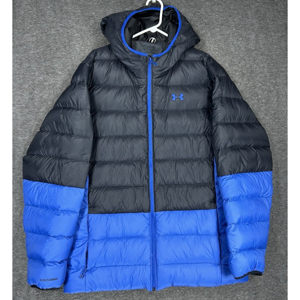 Under Armour Legend Down Hooded Jacket Mens XLT Blue Black Puffer Colorblock
